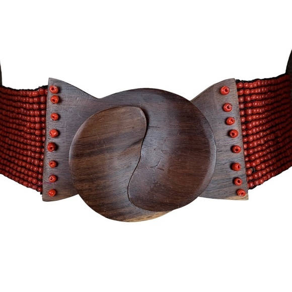 Rust Color Beaded Belt Gorgeous Intricately Hand Carved Walnut Wood Belt Buckle - Picture 1 of 5
